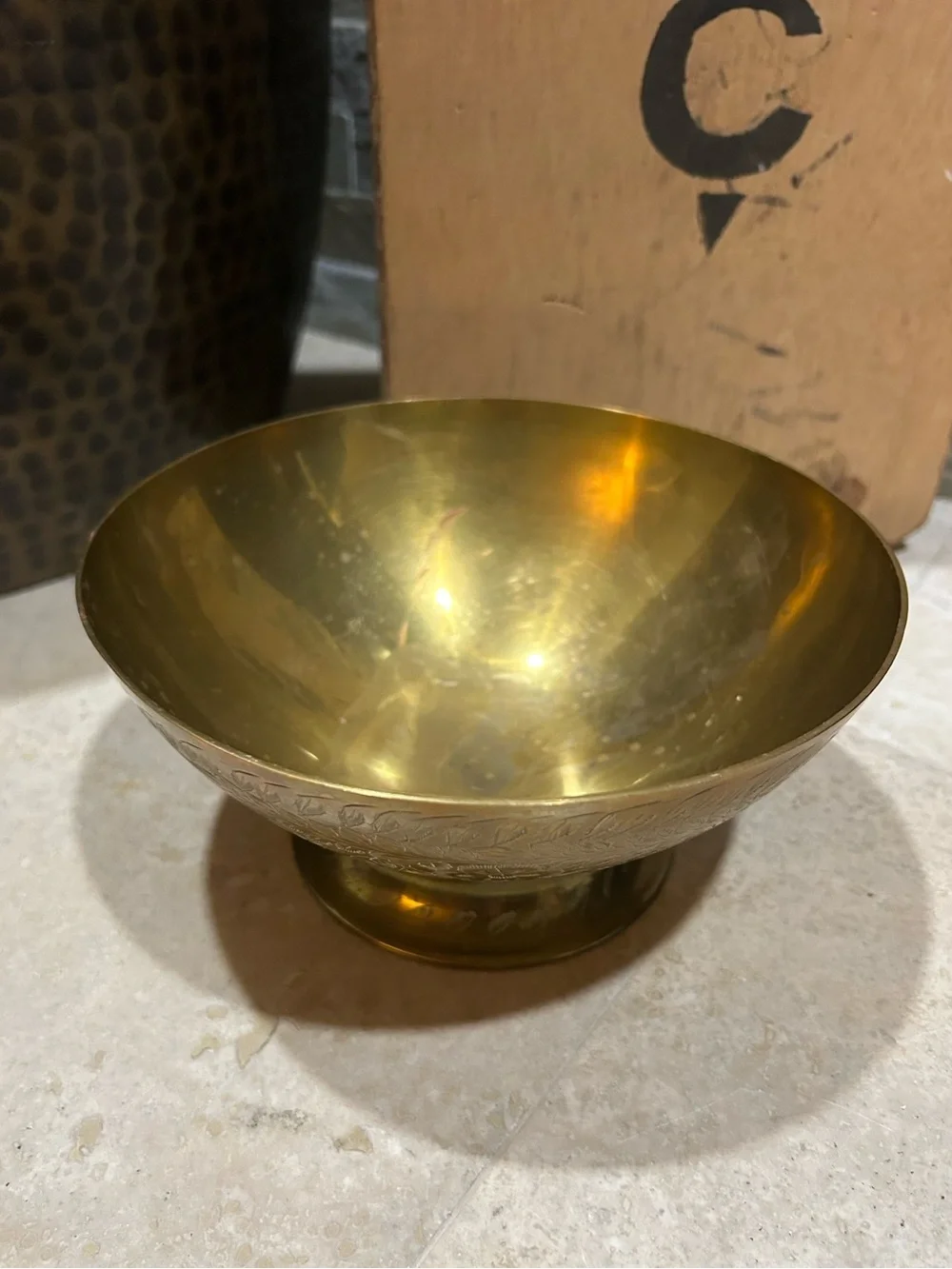 Vintage Brass pedestal Bowl with an Etched Floral Design